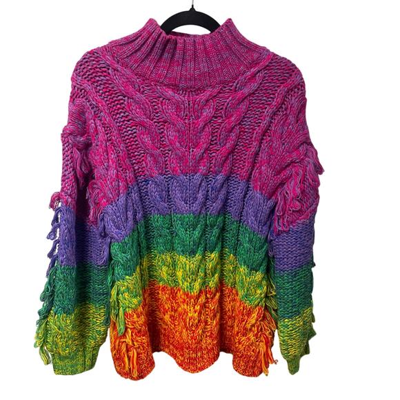 Farm Rio Multicolor Striped Yarn Fringe Turtleneck Sweater Womens Medium - Picture 2 of 10